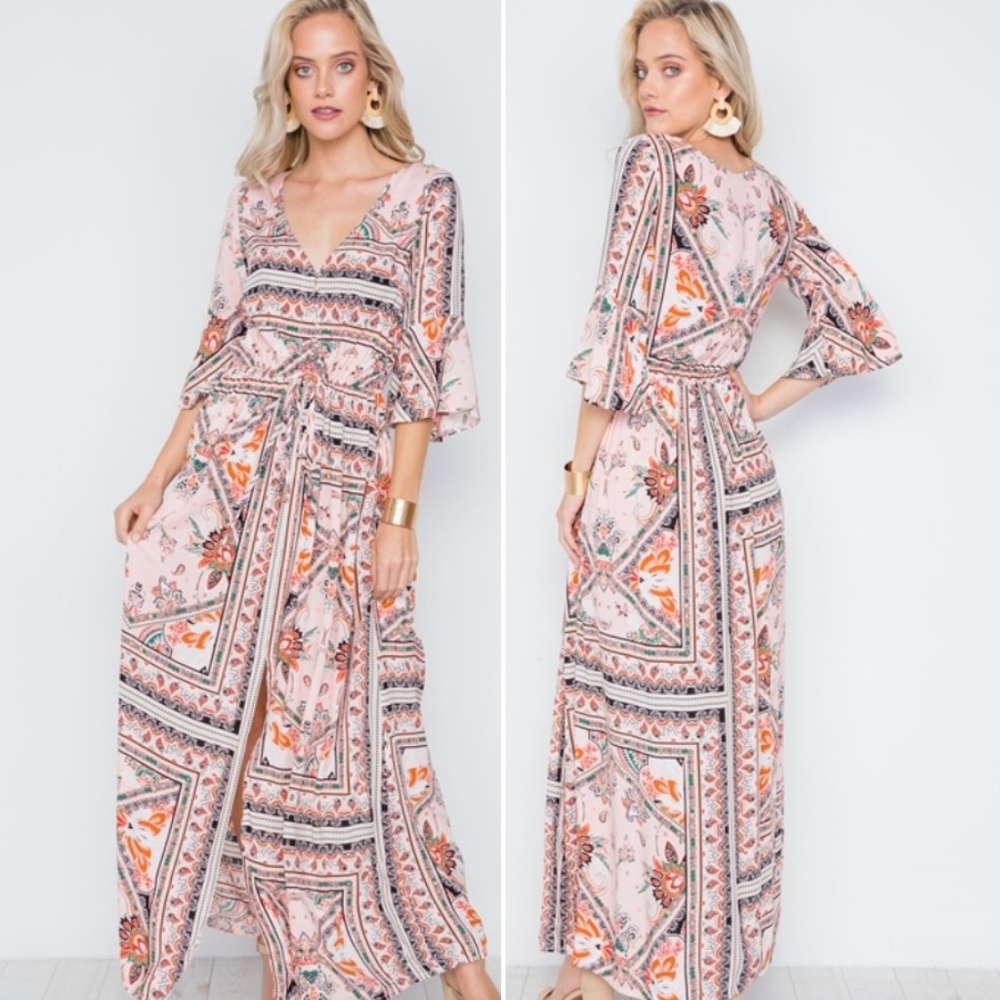 PINK MULTI PRINT MAXI BOHO DRESS - Picture 1 of 8